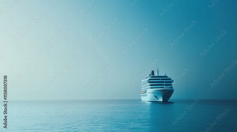 Poster luxury cruise ship gliding through calm waters under a clear sky with ample space for text placement