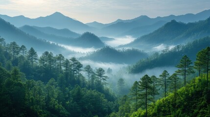 Fototapeta premium beautiful landscape of mountain layer in morning sun ray and winter fog at mae salong nai chiangrai thailand