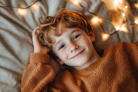 A cheerful young boy with curly hair and freckles, lying on a cozy blanket surrounded by soft glowing fairy lights. He wears a warm, knitted sweater and smiles at the camera. 