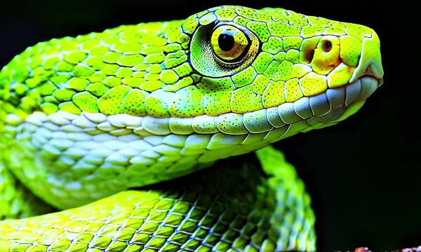 Vibrant green snake with intricate scales and piercing eyes, showcasing reptilian beauty and mystery. Perfect for wildlife, nature, exotic creatures, and close-up photography with a striking visual ap