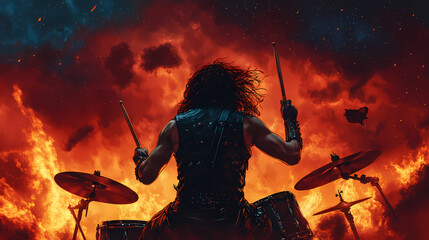 Fototapeta premium Powerful drummer, leather vest, metal warrior, fiery mosh pit under a starlit sky, thunderous storm in the distance, realistic, silhouette lighting. Starlit. Illustration