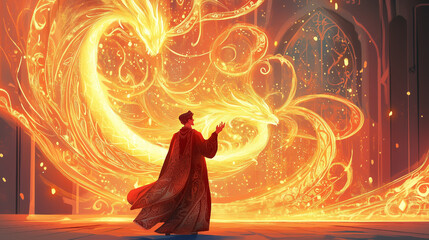 Fairy-tale illustrations of a wizard summoning a fiery dragon in a magical setting