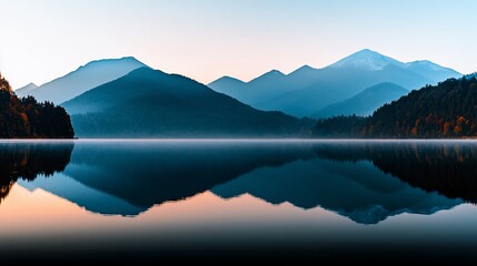 Serene lake reflecting misty mountains at dawn.