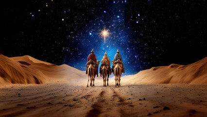 Three wise men riding camels under starry night sky. Star of Bethlehem shining bright in the desert. Nativity and Christian themes. Epiphany