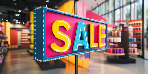 Colorful banner "Sale" in large shopping mall