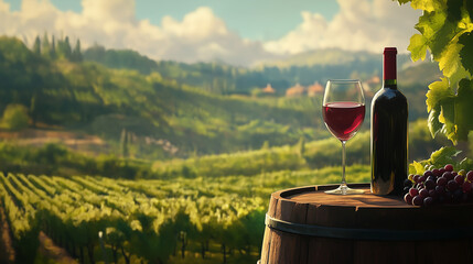 glass and bottle of wine with a vineyard in the background