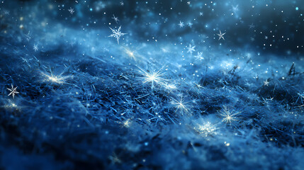 Fototapeta premium Snowflakes scattered ground front blue background top starlit shining eyes sparse floating particles fuzzy details interconnections. Starlit. Illustration
