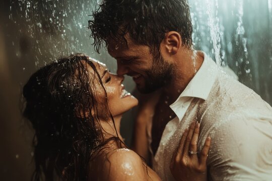 A romantic couple is captured hugging intimately in a shower, with water cascading down their faces, symbolizing closeness and passion in an intimate, personal setting.