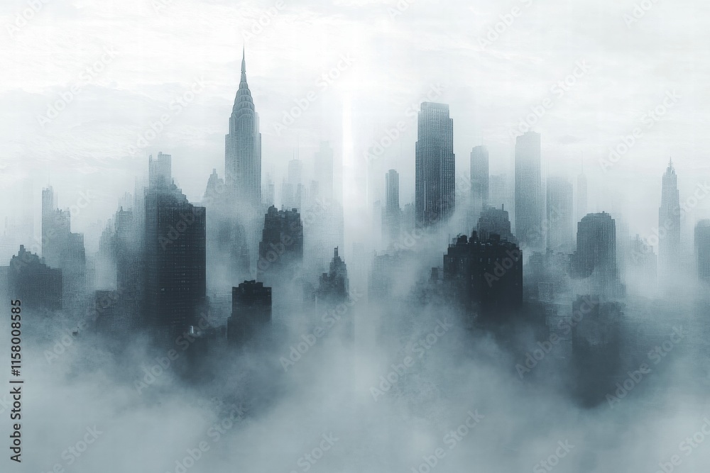 Poster dense smog enveloping city skyline creates a surreal and mysterious atmosphere at dawn. generative a