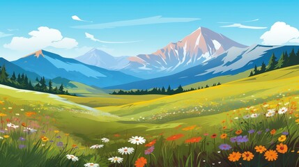 Naklejka premium Scenic Mountain View Wildflowers Blooming Meadow