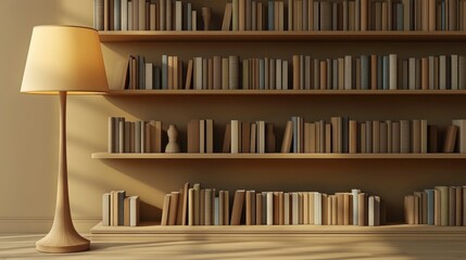 A 3D rendering of a sparse room with a stylish floor lamp, its warm light illuminating the simplicity of the space and creating a cozy, modern atmosphere.