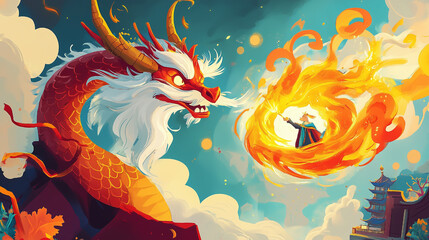 Children’s book illustrations of a wizard and a friendly dragon in a magical adventure
