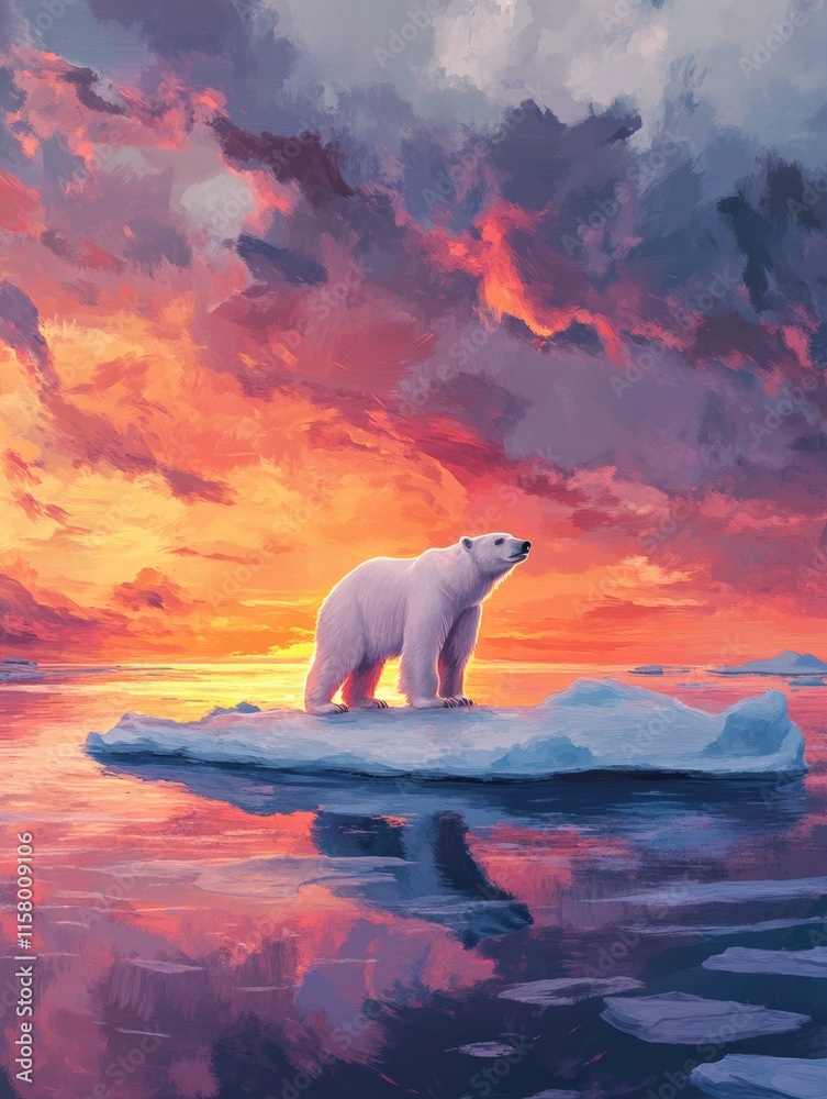 Poster lonely polar bear stands on a small melting ice floe during a dramatic sunset in a changing arctic e