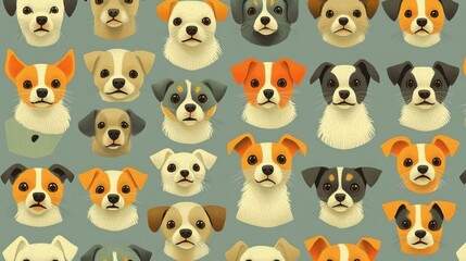 A delightful illustration pattern showcasing Jack Russell Terrier and Basset Hound dog faces in a seamless repeat over a muted gray background, perfect for fabric or wallpaper designs.