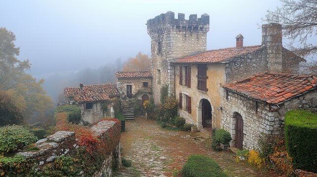 chateau du village de alba la romaine vu de l exterieur dans la brume departement de l ardeche france donjon du 11 eme siecle et chateau du 12 eme siecle