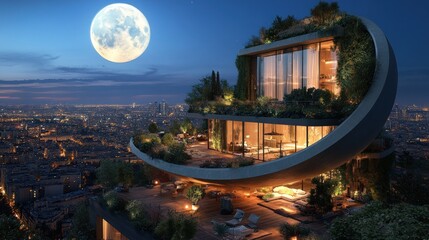 A modern, eco-friendly home with lush greenery, overlooking a cityscape under a full moon.