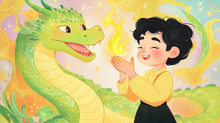Children’s book illustrations of a child bonding with a friendly dragon in a magical forest setting