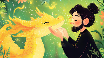 Children’s book illustrations of a child bonding with a friendly dragon in a magical forest setting
