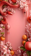 Red snake, cherry blossoms, lanterns & oranges frame.
