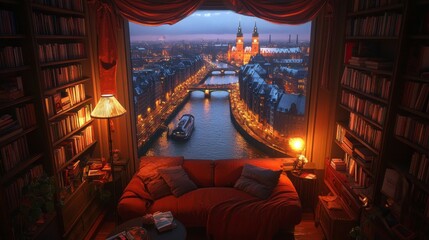 Naklejka premium A room with a sofa, floor lamp, and bookshelves, providing a relaxing environment while enjoying the spectacular 3D-rendered view of Hamburg's historic Speicherstadt.