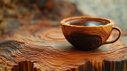 Wooden cup of tea on tree stump.