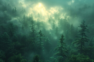 Obraz premium foggy forest at the first rays of the morning sun. Rays of light penetrate through the thick fog, creating a mystical and mysterious atmosphere.