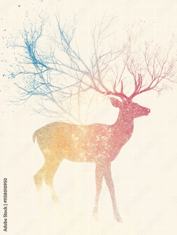 Poster Elegant illustrated deer with intricate branching antlers in pastel colors on a light background ideal for mock up design. Generative AI