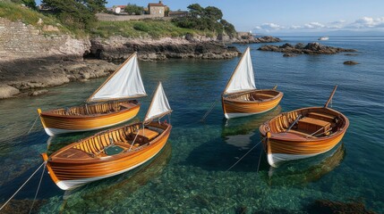 Obraz premium A soothing pattern of small sailing boats navigating through clear blue waters, with flowing sails and subtle waves in the background, perfect for nautical themes.