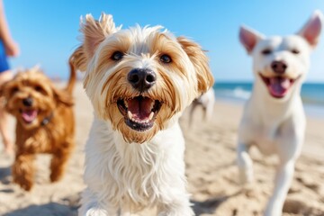 Joyful dogs running freely on a sunny beach, embracing the fun of a carefree day by the sea with absolute happiness