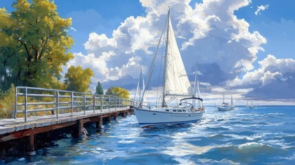 Obraz premium A seamless design showcasing various sailing boats with tall masts and billowing sails, gently cruising across the ocean with a peaceful, nautical feel.