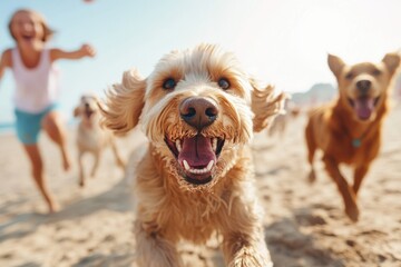 Joyful dogs running along the beach with laughter echoing in the sunlit afternoon