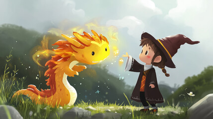 Children’s book illustrations of a child and a friendly dragon playing in a sunny countryside setting