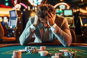 Deep in thought, a gambler reflects on his luck while surrounded by vibrant casino lights and spinning roulette wheels