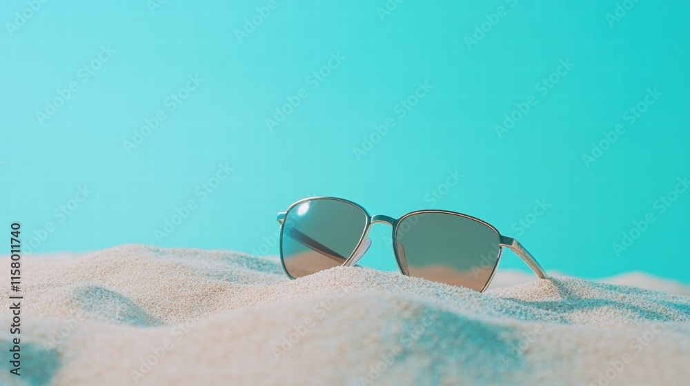 Aufkleber Bright summer day at the beach with sunglasses resting in the soft sand for text placement and mock up. Generative AI
