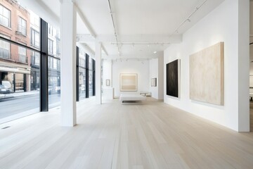Obraz premium Minimalist art gallery interior with large windows, hardwood floors, and contemporary artwork.