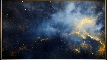 Image shows dark background resembling night sky with gold particles creating magical, starlit atmosphere. gold frame also visible. Starlit. Illustration