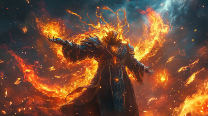 Fantasy concept art of powerful wizards conjuring fiery whirlwinds in a mystical and dramatic setting