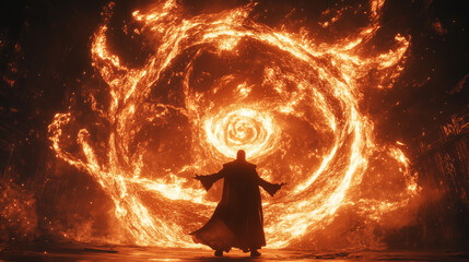 Fantasy concept art of powerful wizards conjuring fiery whirlwinds in a mystical and dramatic setting
