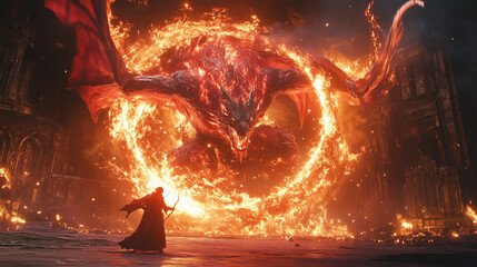 Fantasy concept art of powerful wizards conjuring fiery whirlwinds in a mystical and dramatic setting