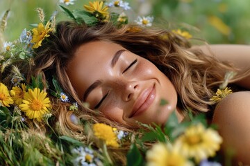 Joyful woman surrounded by wildflowers in a sunny meadow, basking in nature's beauty and serenity