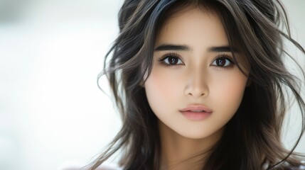 Fototapeta premium A beauty portrait of a young woman with perfect skin, her hair flowing softly around her face, exuding grace and youthful charm.