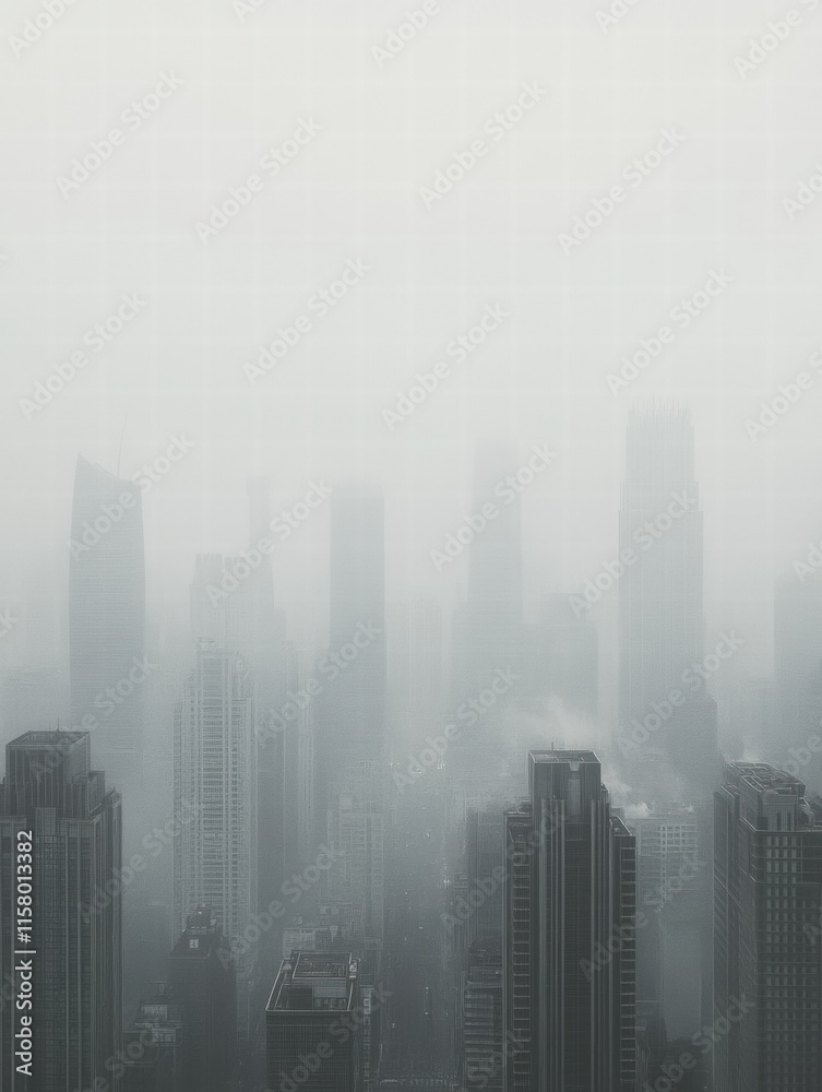 Poster Dense smog envelops a sprawling city skyline during a hazy day, obscuring buildings and creating a gloomy atmosphere. Generative AI
