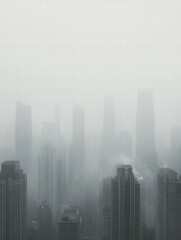 Fototapeta premium Dense smog envelops a sprawling city skyline during a hazy day, obscuring buildings and creating a gloomy atmosphere. Generative AI