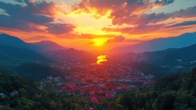 drone view of the town and mountains at sunset beautiful clouds covered the city bright evening landscape