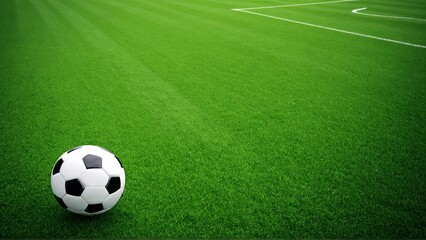 Obraz premium Soccer ball on pristine green field near goal line