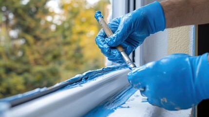 Close-up of hands in blue gloves painting a window frame blue.