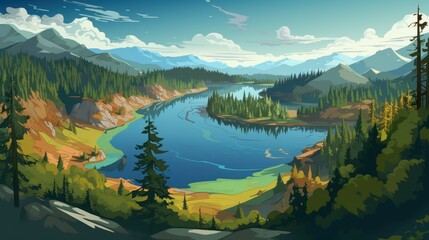 Obraz premium Serene Mountain River Landscape With Lush Evergreen Forest