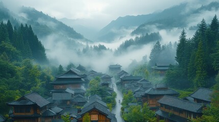 Naklejka premium fog covering the peaks of distant mountains as it rolls over a forested village below