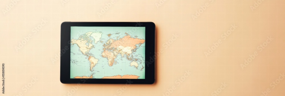Aufkleber Modern flat lay showcasing a tablet displaying a detailed world map on a soft background with ample copy space for text. Generative AI