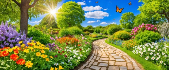 Obraz premium Vibrant garden pathway with colorful flowers and butterflies in bright sunshine
